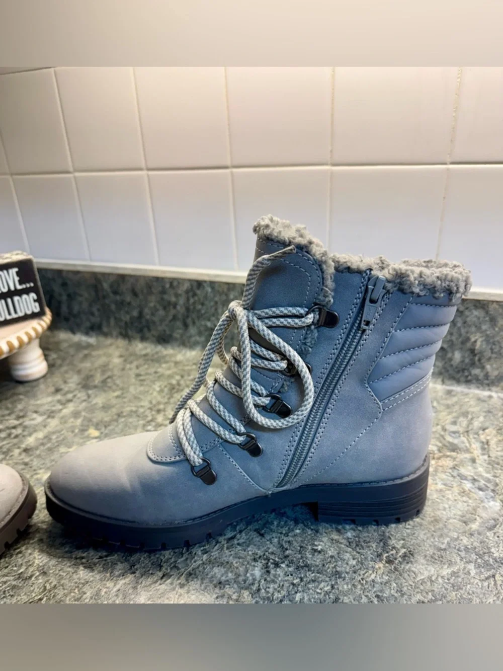 BareTraps Light Gray Faux-Sherpa Lace-Up Winter Boots 7